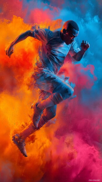 Cool wallpapers for soccer fans, A striking portrayal of a soccer player mid air, with an explosion of color and energy in the background.