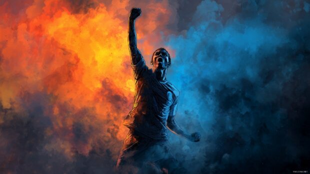 Cool wallpapers for soccer fans, An epic representation of a soccer star celebrating a goal, illustrated with dramatic shadows and bright highlights.