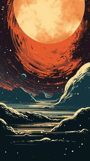 Cosmic Nature Artwork Wallpaper Featuring Giant Moon and Starry Night Sky