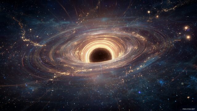 Cosmic Black Hole Wallpaper, An Extraordinary Illustration Of A Black Hole Emitting Energy Rings Amidst An Expansive Universe