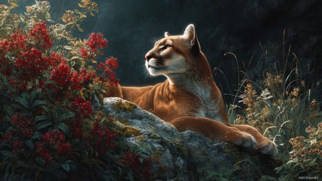Cougar Wallpaper HD, A Majestic Cougar Resting On A Rocky Outcrop Amidst Lush Greenery, Vivid Colors And High Detail