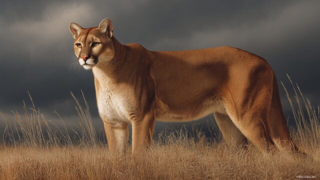 Cougar Wallpaper For PC, A Magnificent Cougar Standing Alert In Tall Grass, With A Dramatic Cloudy Sky In The Background