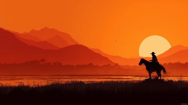 Cowboy Desktop Wallpaper HD Free Download, A Serene Cowboy Riding At Sunset Over Vast Plains, With A Silhouette Of Mountains In The Background