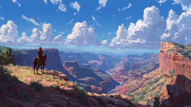 Cowboy Full HD Desktop Wallpaper, A Panoramic View Of A Cowboy Riding Through Picturesque Canyons Under Blue Skies