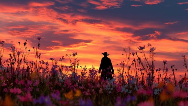 Cowboy HD Wallpaper For Mac, A Vibrant Sunset With A Cowboy Silhouette Framed By Wildflowers In The Foreground