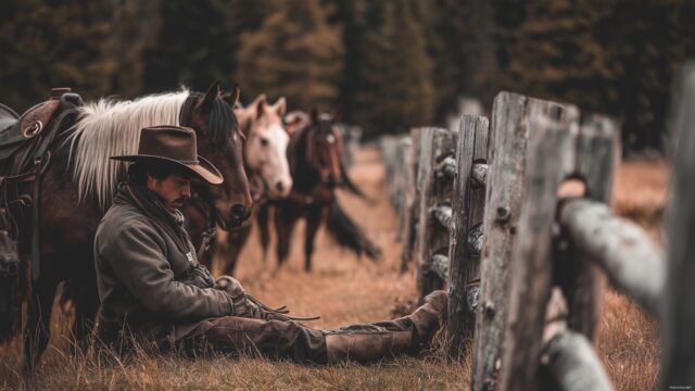 Cowboy HD Wallpaper Free Download, An Intimate Moment Of A Cowboy Resting Against A Fence, Surrounded By Horses And Nature