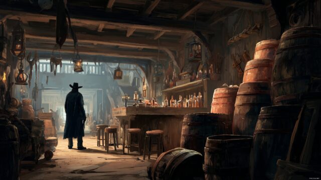 Cowboy Wallpaper HD, An Action Packed Scene Of A Cowboy In A Lively Saloon Surrounded By Barrels And Rustic Décor