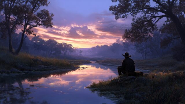 Cowboy Wallpaper HD For Mac, A Peaceful Dawn With A Lone Cowboy Contemplating By A Tranquil River