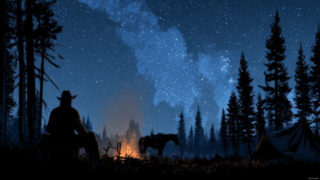 Cowboy Wallpaper For Desktop Computer, An Idyllic Cowboy Campfire Setting Under A Starry Night Sky