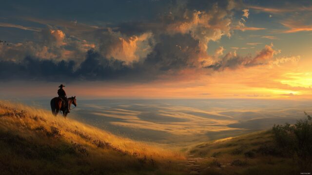 Cowboy Wallpaper High Quality, A Scenic Backdrop Showcasing A Cowboy Atop A Hill With Rolling Fields And A Sunset