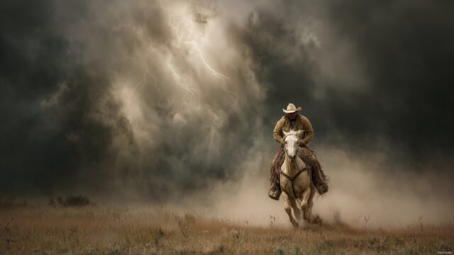 Cowboy Wallpaper High Resolution, A Dramatic Scene Of A Cowboy On Horseback Galloping Through A Thunderous Storm