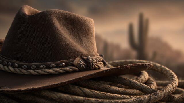 Cowboy High Definition Wallpaper, A Detailed Close Up Of A Cowboy Hat And Lasso Set Against A Dusty Landscape