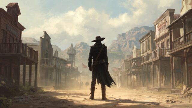 Cowboy High Resolution Desktop Wallpaper, A Rugged Cowboy Standing Tall In Front Of A Classic Western Town With Saloon And Stables