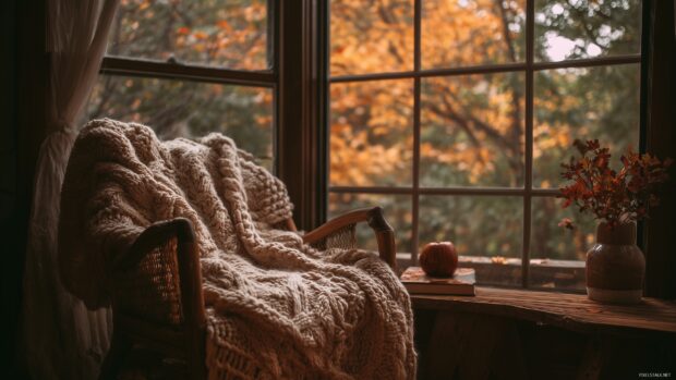 Cozy November desktop wallpaper, a warm knitted blanket draped over a chair beside a window showcasing autumn scenery in 4K.