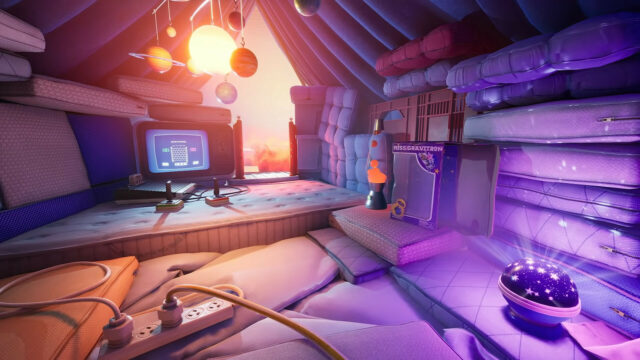 Cozy Retro Gaming Setup With Mattresses And Planets Floating In It Takes Two Wallpaper
