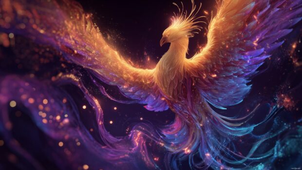 Creative phoenix bird wallpapers, an imaginative scene featuring a phoenix intertwined with cosmic elements and glowing effects in 4K.