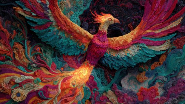 Creative phoenix bird wallpapers, an inspiring artwork of a phoenix rising from ashes with intricate details and a mélange of bright hues.
