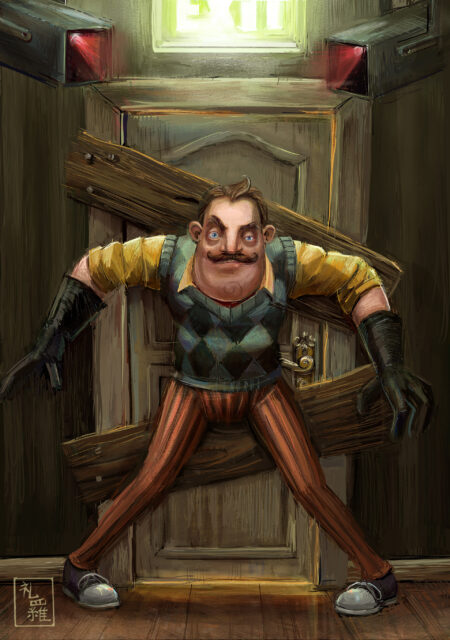 Creepy Neighbor Blocks Exit In Hello Neighbor 2 Game Wallpaper