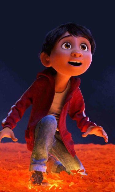 A boy from Coco cartoon wears a red jacket and jeans while kneeling on glowing orange petals, HD Mobile Wallpaper