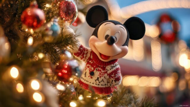 Cute Mickey Mouse Christmas Wallpaper, An Adorable Image Of Mickey Mouse Decorating A Christmas Tree With Bright Lights And Ornaments