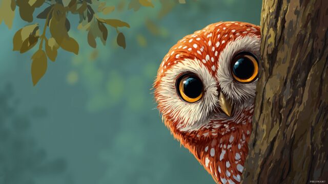 Cute Owl Background HD For PC, A Delightful Illustration Of A Cute Owl Peeking Out From Behind A Tree Trunk, Highlighting Vibrant Greens And Browns, Ideal For Nature Lovers