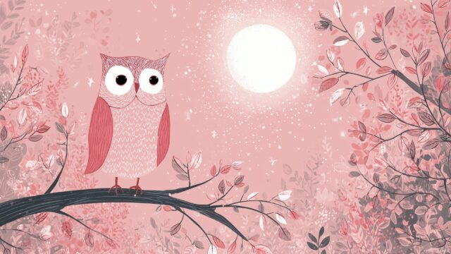Cute Owl Background High Definition, A Whimsical Illustration Of A Cute Owl Perched On A Tree Branch Under A Bright Moonlit Sky, Soft Colors And Gentle Patterns, Perfect For A Desktop W