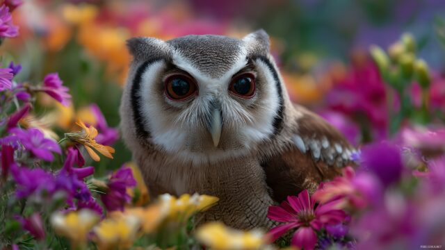 Cute Owl Desktop Background HD, A Playful Owl With A Quirky Expression, Resting Among Colorful Garden Flowers, Bright And Cheerful For Any Desktop Setup