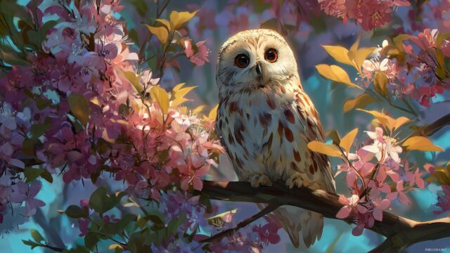 Cute Owl Desktop Background HD Free Download, A Radiant Morning Scene With A Cute Owl Basking In The Sunlight, Perched On A Branch Filled With Blooming Flowers