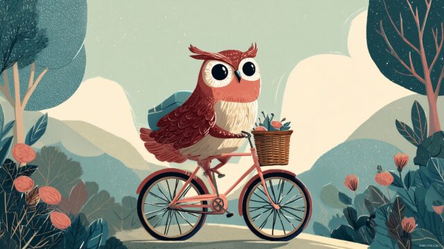 Cute Owl Desktop Background Free Download, An Imaginative Portrayal Of A Cute Owl Riding A Bicycle Through A Charming Countryside Setting, Whimsical And Light Hearted