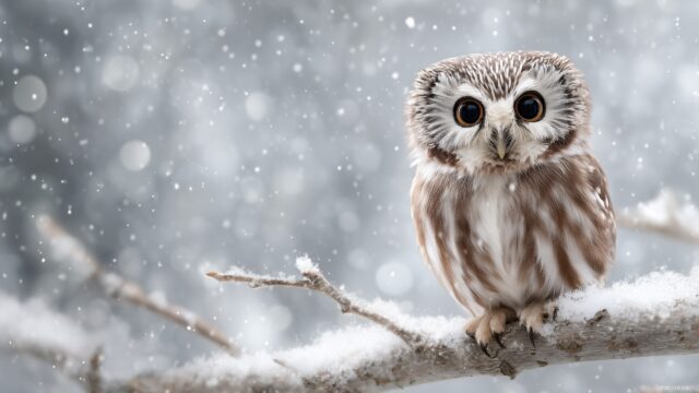 Cute Owl Desktop HD Background Free Download, A Charming Owl With Big Eyes Standing On A Snowy Branch, With Sparkling Snowflakes In The Background, Creating A Cozy Feel