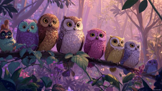 Cute Owl High Definition Background, A Magical Forest Scene With Multiple Cute Owls In Varying Colors, Perched On Branches, Delightful And Enchanting