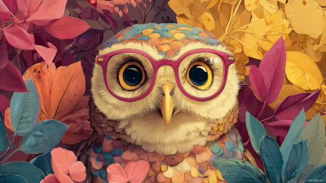 Cute Owl High Resolution Background, An Adorable Cartoon Owl Wearing Glasses, Surrounded By Colorful Leaves And Flowers, Ideal For A Cheerful Background
