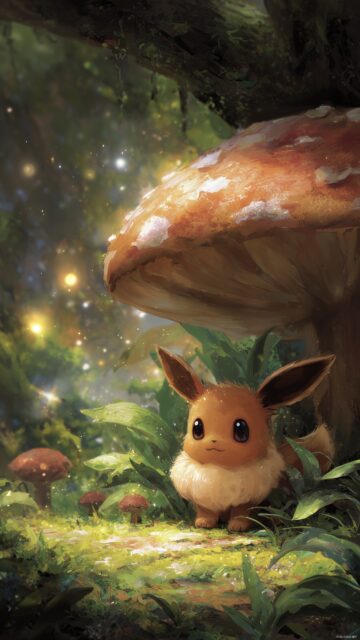 Cute Pokemon Eevee Phone Wallpaper, A Sweet Portrayal Of Eevee Peeking Out From Behind A Large Mushroom In A Magical Forest Setting