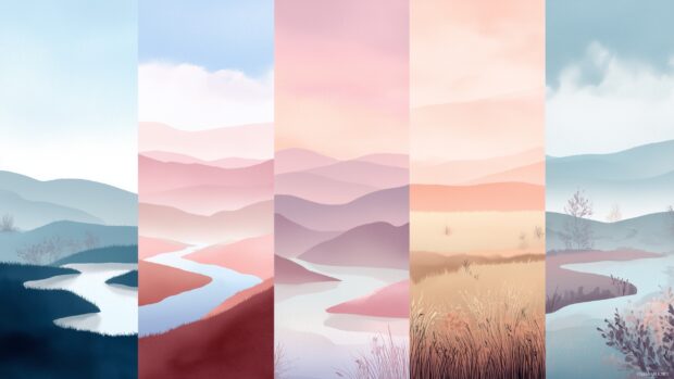 Cute aesthetic backgrounds, soothing watercolor landscapes with gentle hills and tranquil rivers.
