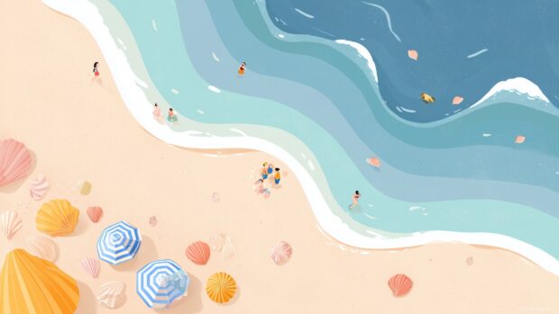 Cute background HD, a serene beach with playful waves, cute seashells, and cartoonish sunbathers.