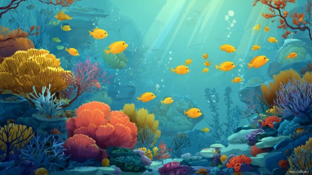 Cute background HD, an enchanting underwater world filled with colorful coral reefs and happy fish swimming around.