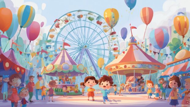 Cute background, a joyful carnival scene with cute rides, balloons, and smiling kids enjoying the fun.
