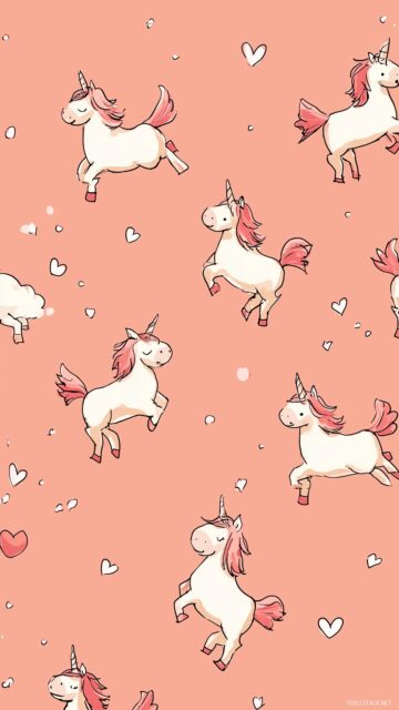 Cute background aesthetic, charming unicorns prancing on a soft peach background.