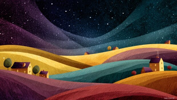 Cute background aesthetics, a dreamy landscape of rolling hills with starry skies and cute cottages.