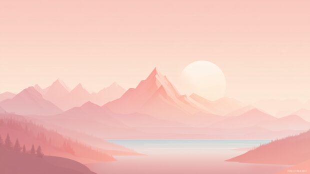 Cute background aesthetics, a monochromatic pastel landscape with minimalist mountains and a gentle sunrise.