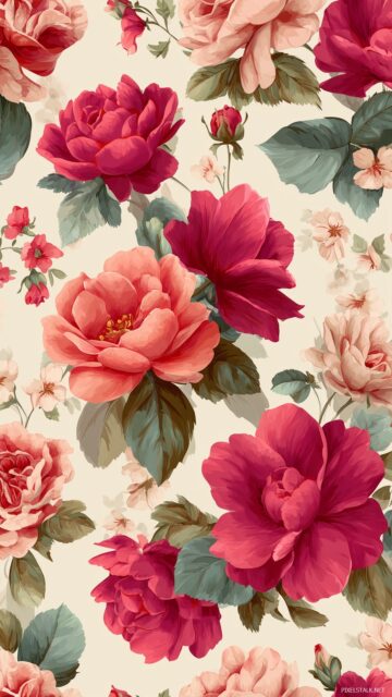 Cute background floral patterns, stylized roses and peonies scattered on a cream backdrop.
