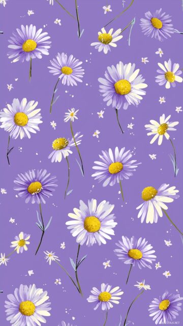 Cute background floral patterns, whimsical daisies on a soft lavender base for a cheerful vibe.