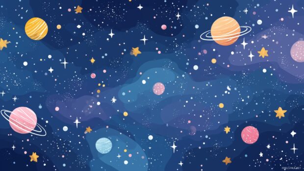 Cute background for desktop, a magical night sky with cute planets and whimsical stars twinkling brightly.
