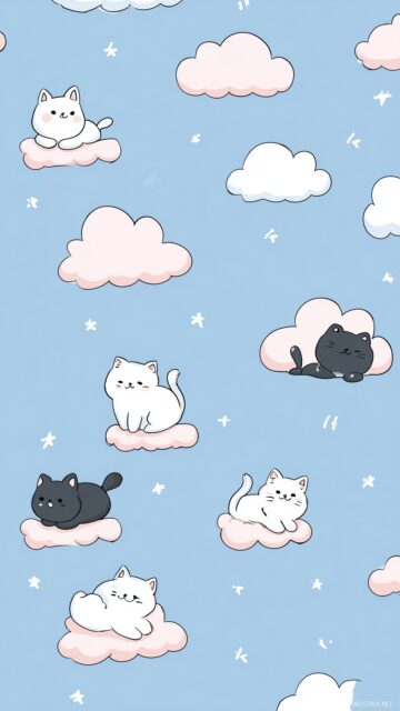 Cute background for girls, playful kittens surrounded by gentle clouds in light blue.