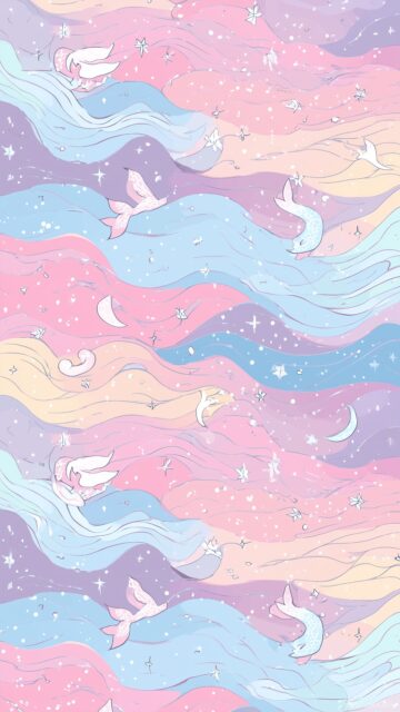 Cute background for girls, whimsical mermaids swimming in soft waves of pastel colors.