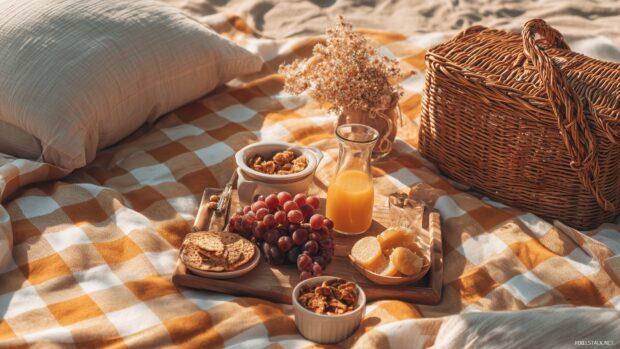 Cute background ideas, a charming picnic setup with a cute checkered blanket and delicious snacks under a sunny sky.