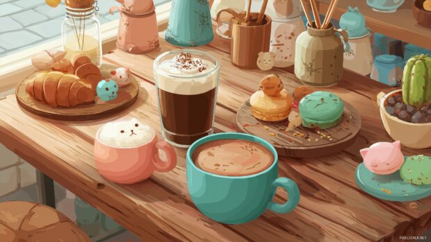 Cute background ideas, a cozy coffee shop scene complete with cute mugs and tiny pastries on a wooden table.
