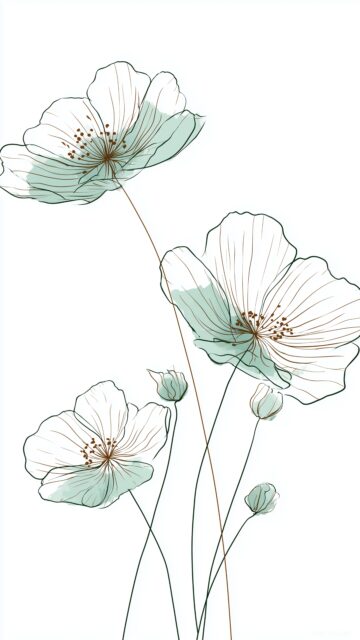 Cute background minimalistic, elegant line art of flowers in pastel green on a white canvas.