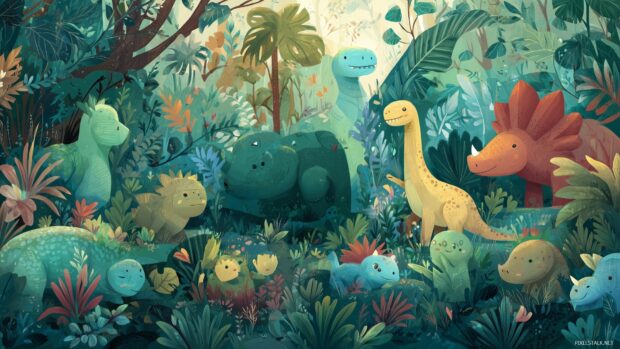 Cute background wallpaper, a fantastical world of cute dinosaurs in a lush prehistoric jungle.