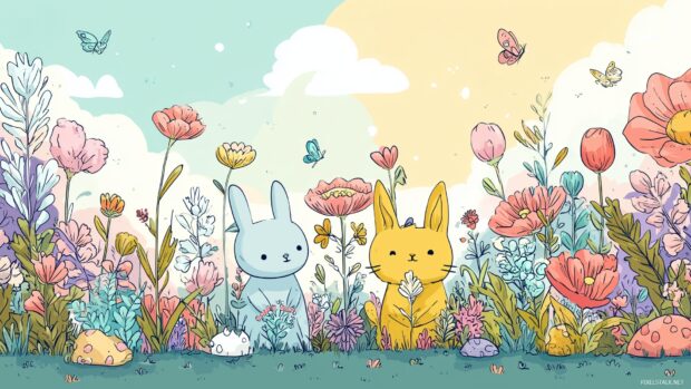 Cute background wallpaper, adorable cartoon animals in a playful garden scene adorned with bright flowers.